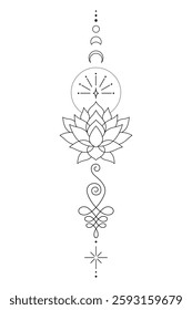 Sacred Lotus Unalome Tattoo Design Minimalist Spiritual Symbol. Vector isolated buddhist line hand drawn symbol.