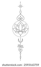 Sacred Lotus Unalome Tattoo Design Minimalist Spiritual Symbol. Vector isolated buddhist line hand drawn symbol.