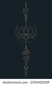 Sacred Lotus Unalome Tattoo Design Minimalist Spiritual Symbol. Vector isolated buddhist line hand drawn symbol. Gold on Dark background