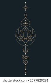 Sacred Lotus Unalome Tattoo Design Minimalist Spiritual Symbol. Vector isolated buddhist line hand drawn symbol. Gold on Dark background