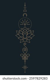 Sacred Lotus Unalome Tattoo Design Minimalist Spiritual Symbol. Vector isolated buddhist line hand drawn symbol. Gold on Dark background