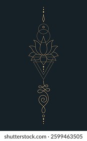 Sacred Lotus Unalome Tattoo Design Minimalist Spiritual Symbol. Vector isolated buddhist line hand drawn symbol. Gold on Dark background