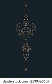 Sacred Lotus Unalome Tattoo Design Minimalist Spiritual Symbol. Vector isolated buddhist line hand drawn symbol. Gold on Dark background