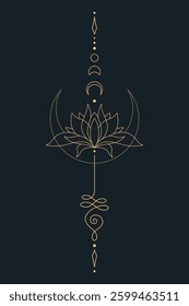 Sacred Lotus Unalome Tattoo Design Minimalist Spiritual Symbol. Vector isolated buddhist line hand drawn symbol. Gold on Dark background