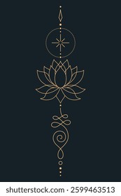 Sacred Lotus Unalome Tattoo Design Minimalist Spiritual Symbol. Vector isolated buddhist line hand drawn symbol. Gold on Dark background