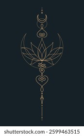 Sacred Lotus Unalome Tattoo Design Minimalist Spiritual Symbol. Vector isolated buddhist line hand drawn symbol. Gold on Dark background