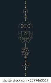 Sacred Lotus Unalome Tattoo Design Minimalist Spiritual Symbol. Vector isolated buddhist line hand drawn symbol. Gold on Dark background