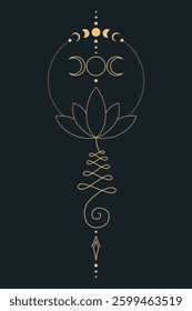 Sacred Lotus Unalome Tattoo Design Minimalist Spiritual Symbol. Vector isolated buddhist line hand drawn symbol. Gold on Dark background