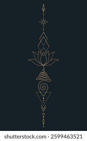 Sacred Lotus Unalome Tattoo Design Minimalist Spiritual Symbol. Vector isolated buddhist line hand drawn symbol. Gold on Dark background