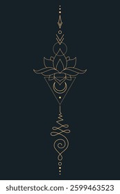 Sacred Lotus Unalome Tattoo Design Minimalist Spiritual Symbol. Vector isolated buddhist line hand drawn symbol. Gold on Dark background