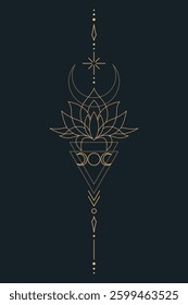 Sacred Lotus Unalome Tattoo Design Minimalist Spiritual Symbol. Vector isolated buddhist line hand drawn symbol. Gold on Dark background