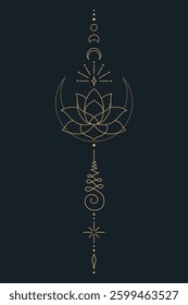 Sacred Lotus Unalome Tattoo Design Minimalist Spiritual Symbol. Vector isolated buddhist line hand drawn symbol. Gold on Dark background