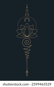 Sacred Lotus Unalome Tattoo Design Minimalist Spiritual Symbol. Vector isolated buddhist line hand drawn symbol. Gold on Dark background