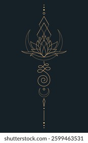 Sacred Lotus Unalome Tattoo Design Minimalist Spiritual Symbol. Vector isolated buddhist line hand drawn symbol. Gold on Dark background