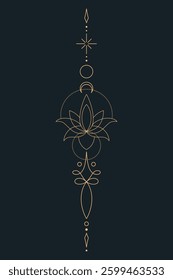 Sacred Lotus Unalome Tattoo Design Minimalist Spiritual Symbol. Vector isolated buddhist line hand drawn symbol. Gold on Dark background