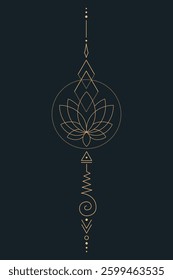 Sacred Lotus Unalome Tattoo Design Minimalist Spiritual Symbol. Vector isolated buddhist line hand drawn symbol. Gold on Dark background