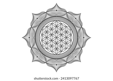 Sacred lotus yantra mandala, Mystical Flower of Life. Sacred geometry, vector logo graphic element isolated. Mystic icon seed of life, geometric drawing sign, esoteric lotus flower on white background