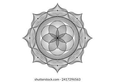 Sacred lotus yantra mandala, Mystical Flower of Life. Sacred geometry, vector logo graphic element isolated. Mystic icon seed of life, geometric drawing sign, esoteric lotus flower on white background