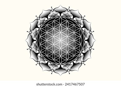 Sacred lotus yantra mandala, Mystische Blume des Lebens. Heilige Geometrie, Vektorgrafik-Logo-Element einzeln. Mystische Ikonensaatgut, geometrisches Zeichnungszeichen, esoterische Lotusblume auf weißem Hintergrund