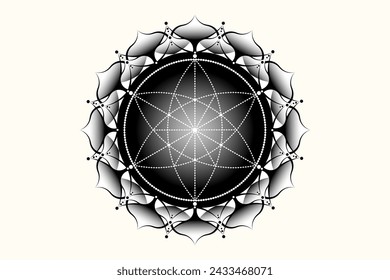 Sacred lotus yantra mandala, Mystical Flower of Life. Sacred geometry, vector logo graphic element isolated. Mystic icon seed of life, geometric drawing sign, esoteric lotus flower on white background