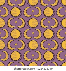 Sacred Lunar Moon Solstice Seamless Vector Pattern. Esoteric Spiritual Symbols Concept Illustration. Spiritual Astrology Meditation Background, For Boho Ritual Witchy Wallpaper Backdrop. Yellow Purple