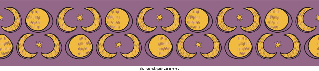 Sacred Lunar Moon Solstice Seamless Vector Border. Esoteric Spiritual Symbols Concept Illustration. Spiritual Astrology Meditation Background, For Boho Ritual Witchy Banner Backdrop. Yellow Purple