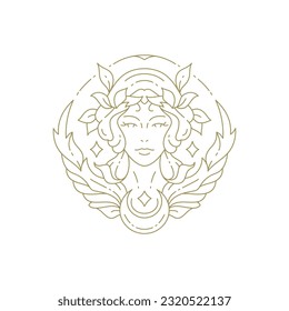 Mujer mágica sagrada con flores flor hojas y alas línea mínima de ilustración vectorial del logo dorado. Mística de la bruja de ensueño con icono de media luna para el salón de belleza estudio de cosmetología spa wellness