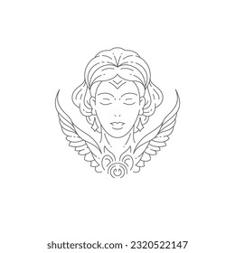 Sacred magic woman portrait with elegant hairstyle and wings glamour bohemian line logo vector illustration. Fantasy female goddess face romantic mystic icon for beauty salon cosmetology skin care