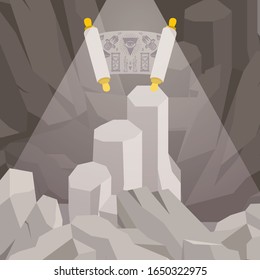 Sacred manuscript in cave, magic artifact for game design, vector illustration. Magic scroll with runes, mystical symbols of ancient spell. Old manuscript hidden underground, mysterious scroll game