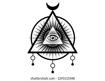 Sacred Masonic symbol. All Seeing eye, the third eye (The Eye of Providence)  inside triangle pyramid. New World Order. Hand-drawn alchemy, religion, spirituality, occultism. Vector isolated or white 