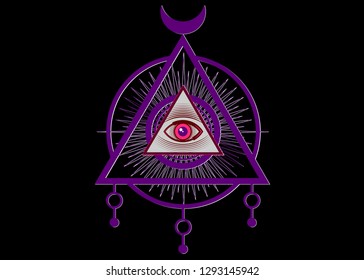 Sacred Masonic symbol. All Seeing eye, the third eye, The Eye of Providence inside triangle pyramid. New World Order. Colorful icon alchemy, religion, spirituality, occultism. Vector isolated or black