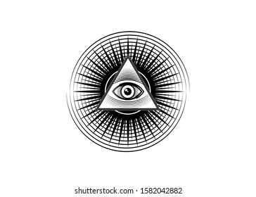 Sacred Masonic symbol. All Seeing eye, the third eye (The Eye of Providence)  inside triangle pyramid. New World Order. Hand-drawn alchemy, religion, spirituality, occultism. Vector isolated or white 