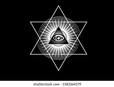 Sacred Masonic symbol. All Seeing eye, the third eye (The Eye of Providence)  inside triangle pyramid. New World Order. Hand-drawn alchemy, religion, spirituality, occultism. Vector isolated or black 