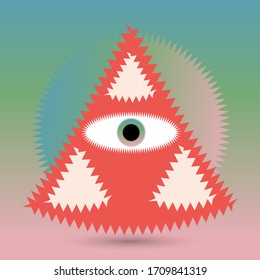 Sacred Masonic symbol, All Seeing Eye inside pyramid triangle. Isolated vector illustration, strange geometric line icon. Simple triangle. Colorful The Eye of Providence