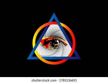 Sacred Masonic symbol. All Seeing eye, the third eye, The Eye of Providence, inside triangle pyramid. New World Order. Hand-drawn alchemy, religion, spirituality, occultism. Vector isolated or black