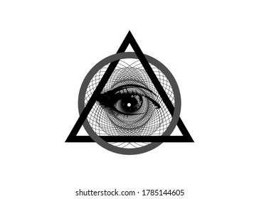 Sacred Masonic symbol. All Seeing eye, the third eye (The Eye of Providence)  inside triangle pyramid. New World Order. Hand-drawn alchemy, religion, spirituality, occultism. Vector isolated or white 