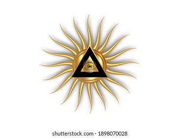 Sacred Masonic symbol. All Seeing eye, the third eye (The Eye of Providence)  inside triangle pyramid. New World Order. Gold icon alchemy, religion, spirituality, occultism. Vector isolated or white