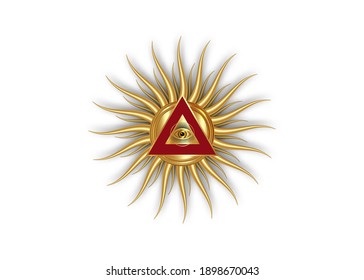 Sacred Masonic symbol. All Seeing eye, the third eye. The Eye of Providence, inside triangle pyramid. New World Order. Gold icon alchemy, religion, spirituality, occultism. Vector isolated or white