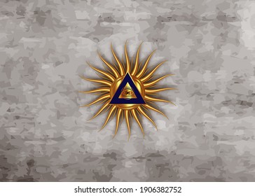 Sacred Masonic symbol. All Seeing eye, the third eye. The Eye of Providence, inside triangle pyramid. New World Order. Vector Gold icon alchemy, religion, spirituality, occultism. Old paper background