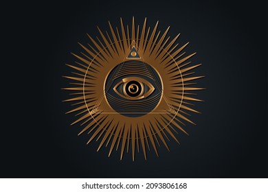 Sacred Masonic symbol. All Seeing eye, the third eye (The Eye of Providence)  inside triangle pyramid. New World Order. Gold icon alchemy, religion, spirituality, occultism. Vector isolated or black