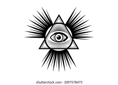 Sacred Masonic symbol. All Seeing eye, the third eye, The Eye of Providence, inside triangle pyramid. New World Order. Black icon alchemy, religion, spirituality, occultism. Vector isolated or white