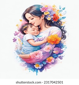 Maternidad sagrada: Ilustración acuarela de un abrazo madre e hijo