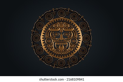 Sacred Mayan sun god, Aztec wheel calendar, Maya symbols ethnic mask in gold color. Golden round frame border old logo icon vector illustration isolated on black background 