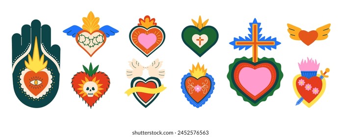 Sacred Mexican hearts set. Mexico love symbols. Retro holy spiritual corazon designs burning flame, crown, eye, wings, skulls. Vector illustration