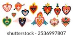 Sacred Mexican hearts. Traditional memorial symbols. Holy spiritual elements. Tattoo designs. Burning love icons with eyes. Spiritual fire flame. Religion cross and knife