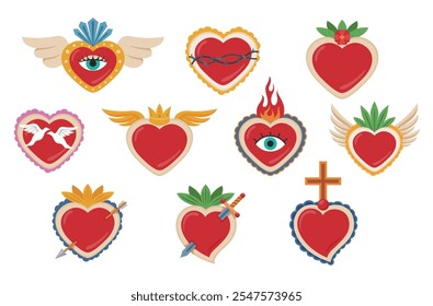 Sagrados corazones mexicanos tradicional memorial sagrado símbolo espiritual conjunto Vector ilustración plana. Amor ardiente con el ojo religioso de las alas de la paloma de la flecha de la corona del cuchillo de la cruz de la flor y hojas tropicales