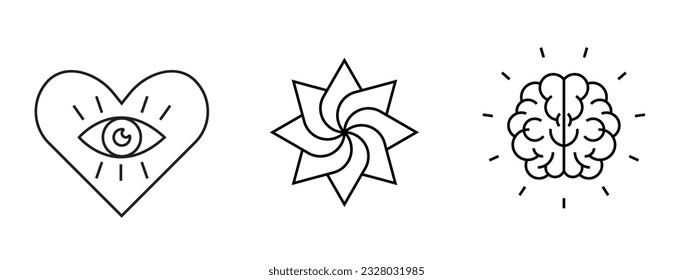 Sacred mind, heart, eye, flower icon set collection. Vector outlined spiritual holistic observer sign. Modern wellness lotus floral illustration for web app ui. Symbol of ethnic meditation flat design
