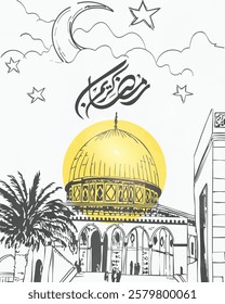 The sacred month of Ramadan – Arabic calligraphy and typography – Al-Aqsa Mosque – Perfect for social media designs.