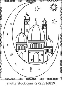 Mezquita Sagrada Bajo la Luna creciente. Símbolo de Paz, Fe y Luz Divina. Página Para Colorear Mezquita Para Niños Y Adultos.