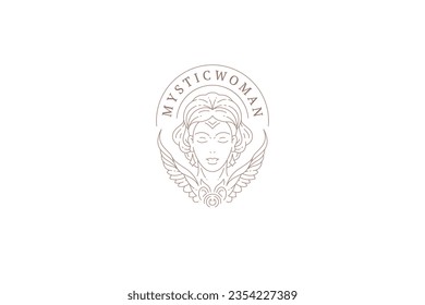 Sacred mystic winged woman beautiful hairstyle line art logo design template for beauty vector illustration. Mythology spiritual female portrait romantic mystery emblem for skin care meditation spa